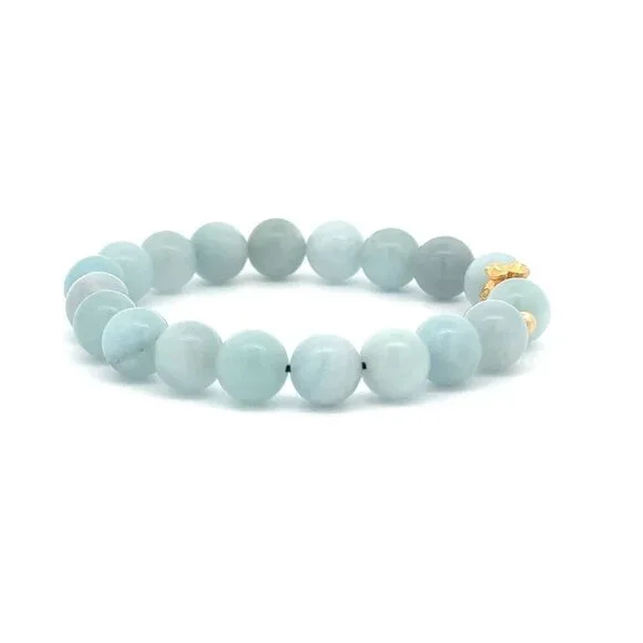 18K Gold Money Bag Lucky Charm Beads Bracelet Gemstones Aquamarine 8mm - Picture 6 of 9